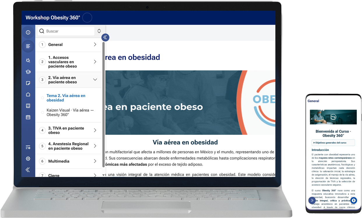 Plataforma de consulta Obesity 360 en laptop y teléfono